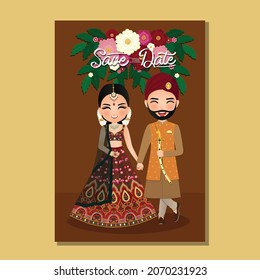  Wedding invitation card the bride and groom cute couple in traditional indian dress cartoon character. Vector illustration.