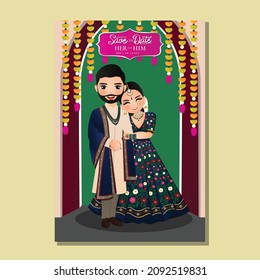  Wedding invitation card the bride and groom cute couple in traditional indian dress cartoon character. Vector illustration