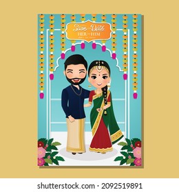  Wedding invitation card the bride and groom cute couple in traditional indian dress cartoon character. Vector illustration