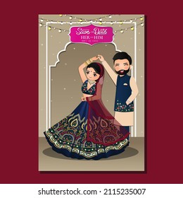  Wedding invitation card the bride and groom cute couple in traditional indian dress cartoon character. Vector illustration