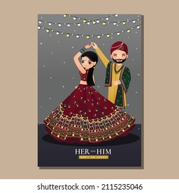  Tarjeta de invitación a la boda, la novia y el novio adorables pareja en un personaje de dibujos animados tradicionales de vestimenta india. Ilustración del vector