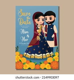  Tarjeta de invitación a la boda, la novia y el novio adorables pareja en un personaje de dibujos animados tradicionales de vestimenta india. Ilustración del vector