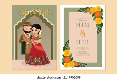  Wedding invitation card the bride and groom cute couple in traditional indian dress cartoon character. Vector illustration