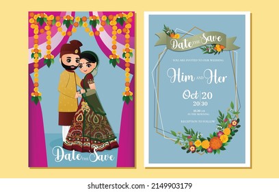  Wedding invitation card the bride and groom cute couple in traditional indian dress cartoon character. Vector illustration