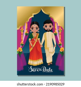  Wedding invitation card the bride and groom cute couple in traditional indian dress cartoon character. Vector illustration