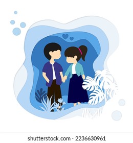 wedding invitation card with bride and groom, vector paper art, paper cut and craft style. 