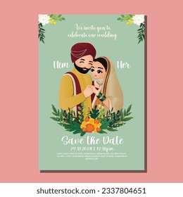  Tarjeta de invitación a la boda, la novia y el novio adorables pareja en un personaje de dibujos animados tradicionales de vestimenta india. Ilustración del vector