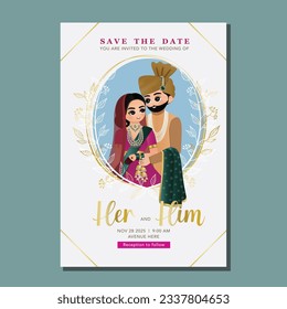  Wedding invitation card the bride and groom cute couple in traditional indian dress cartoon character. Vector illustration