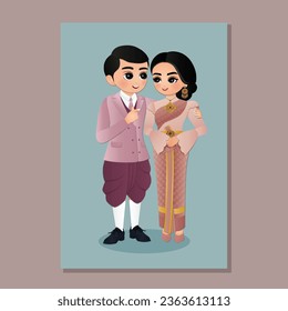 Wedding invitation card the bride and groom Thai traditional cute couple cartoon character