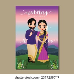  Wedding invitation card the bride and groom cute couple in traditional indian dress cartoon character