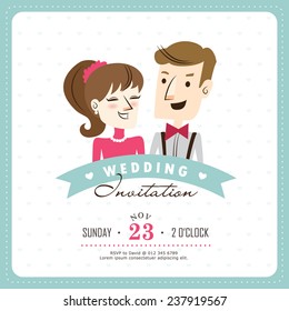 Wedding invitation card with bride & groom vector template