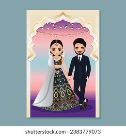  Wedding invitation card the bride and groom cute couple in traditional indian dress cartoon character