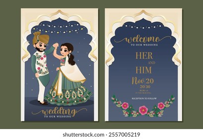  Wedding invitation card the bride and groom cute couple in traditional indian dress cartoon character