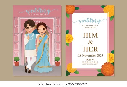  Wedding invitation card the bride and groom cute couple in traditional indian dress cartoon character