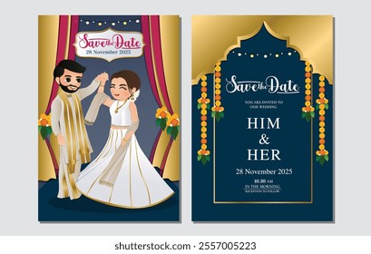  Wedding invitation card the bride and groom cute couple in traditional indian dress cartoon character