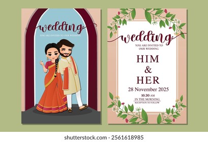  Wedding invitation card the bride and groom cute couple in traditional indian dress cartoon character