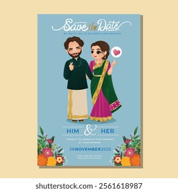  Wedding invitation card the bride and groom cute couple in traditional indian dress cartoon character