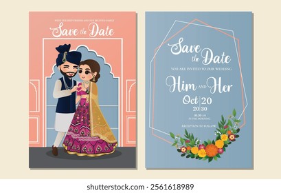  Wedding invitation card the bride and groom cute couple in traditional indian dress cartoon character