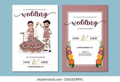  Wedding invitation card the bride and groom cute couple in traditional indian dress cartoon character