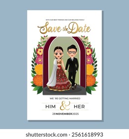  Wedding invitation card the bride and groom cute couple in traditional indian dress cartoon character