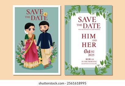  Wedding invitation card the bride and groom cute couple in traditional indian dress cartoon character