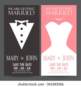 Wedding Invitation Card, Bride And Groom Dress Concept. Love And Valentine Day. Vector Illustration