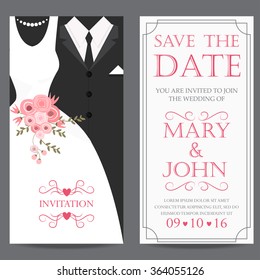 Wedding Invitation Card, Bride And Groom Dress Concept. Love And Valentine Day. Vector Illustration