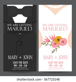 wedding invitation card, bride and groom dress concept. love and valentine day. vector illustration