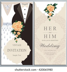 wedding invitation card, bride and groom dress concept. love and valentine day. vector illustration