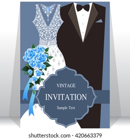 wedding invitation card, bride and groom dress concept. love and valentine day. vector illustration