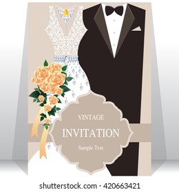 wedding invitation card, bride and groom dress concept. love and valentine day. vector illustration