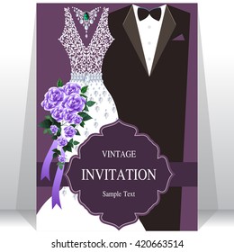 wedding invitation card, bride and groom dress concept. love and valentine day. vector illustration