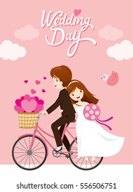 Wedding Invitation Card, Bride, Groom Riding Bicycle, Love, Relationship, Sweetheart, Engagement, Valentine's Day