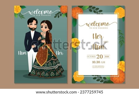  Wedding invitation card the bride and groom cute couple in traditional indian dress cartoon character