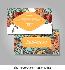 Wedding invitation card with bright floral background. 