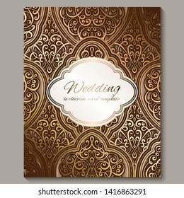 Wedding invitation card with bronze and gold shiny eastern and baroque rich foliage. Ornate islamic background for your design. Islam, Arabic, Indian, Dubai