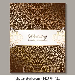 Wedding invitation card with bronze and gold shiny eastern and baroque rich foliage. Ornate islamic background for your design. Islam, Arabic, Indian, Dubai