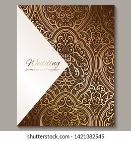 Wedding invitation card with bronze and gold shiny eastern and baroque rich foliage. Ornate islamic background for your design. Islam, Arabic, Indian, Dubai