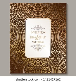 Wedding invitation card with bronze and gold shiny eastern and baroque rich foliage. Ornate islamic background for your design. Islam, Arabic, Indian, Dubai