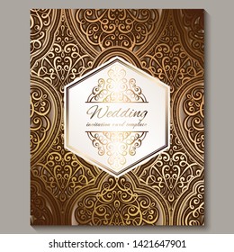 Wedding invitation card with bronze and gold shiny eastern and baroque rich foliage. Ornate islamic background for your design. Islam, Arabic, Indian, Dubai