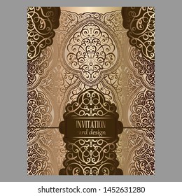 Wedding invitation card with bronze and gold shiny eastern and baroque rich foliage. Ornate islamic background for your design. Islam, Arabic, Indian, Dubai