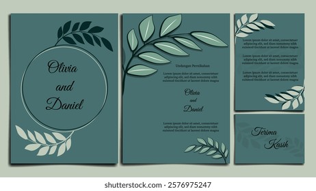 wedding invitation card bundle pack with green background and leaf decoration