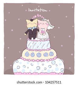 Wedding invitation card with cake topper cute cats.