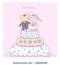 Wedding invitation card with cake topper cute cats.