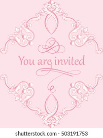 Wedding invitation card with calligraphy inscriptions on abstract baroque royal background in pink pastel colors. Vector illustration.