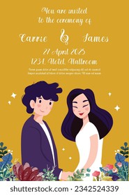Wedding invitation card cartoon bride and groom portrait