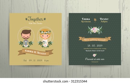 Wedding invitation card cartoon bride and groom portrait on wood background