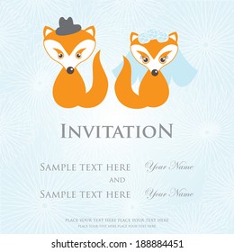 Wedding invitation card with cartoon foxes in a bride and groom costumes
