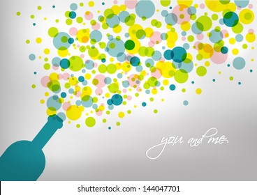 Wedding and invitation card. Champagne bottle with bubbles. Abstract background.