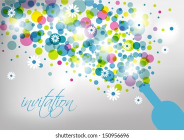 Wedding and invitation card. Champagne bottle with bubbles. Abstract flower background. 